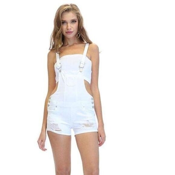 White Distressed Denim Overalls - Picture 1 of 4
